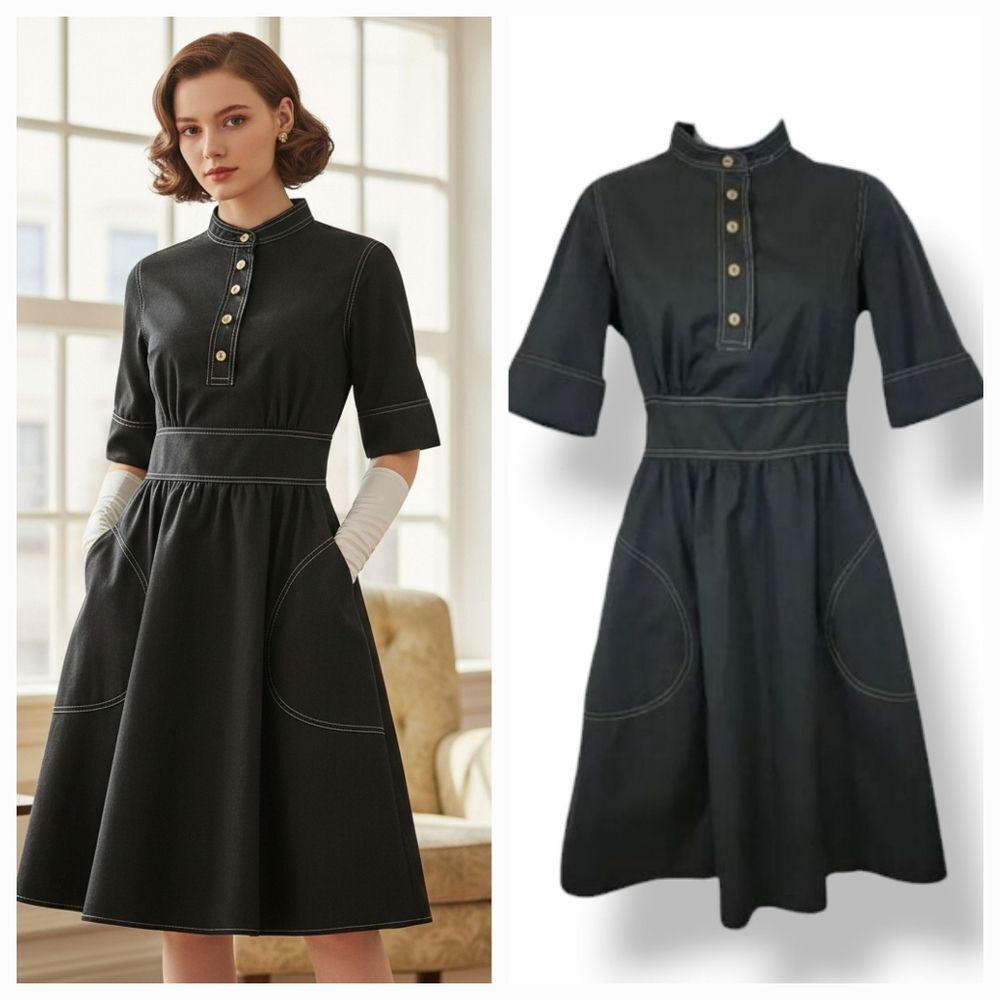 NEW Vintage 50's Aldens Button Down Fit And Flare Dress in Black Size 7/8 Small